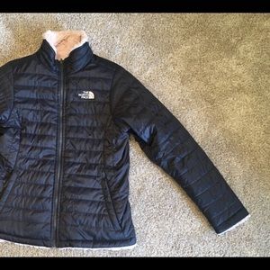 Girls North Face L 14/16 Reversible Navy Blue Pink Faux Fur